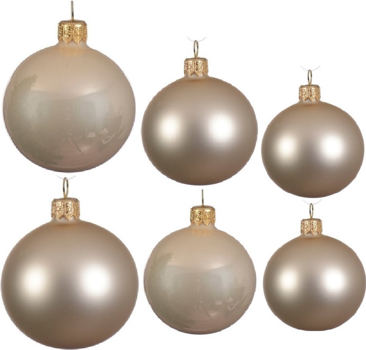 Compleet glazen kerstballen pakket champagne glans/mat 16x stuks - 6x 6 cm - 6x 8 cm - 4x 10 cm