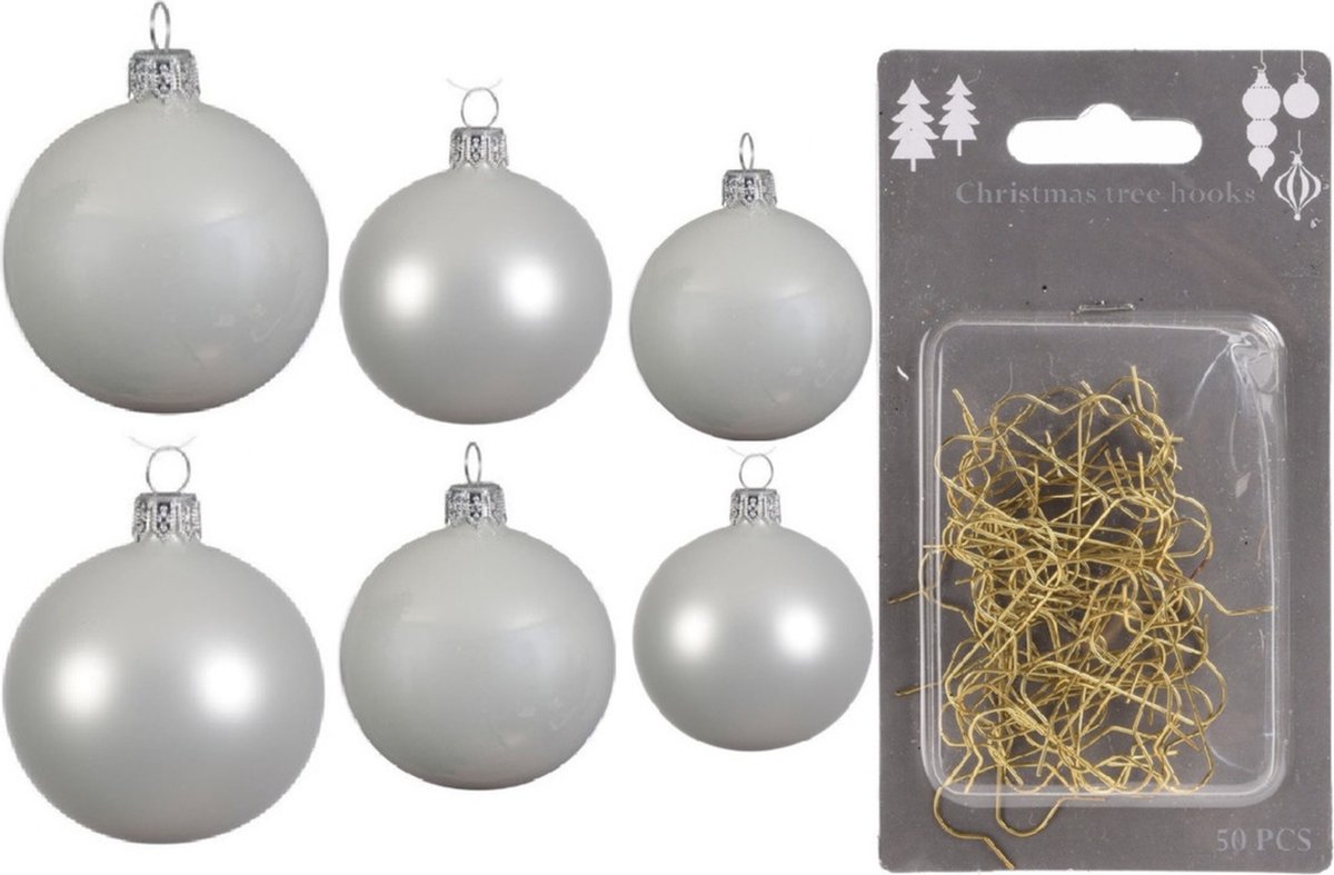 Groot pakket glazen kerstballen winter wit glans/mat 50x stuks - 4-6-8 cm incl haakjes