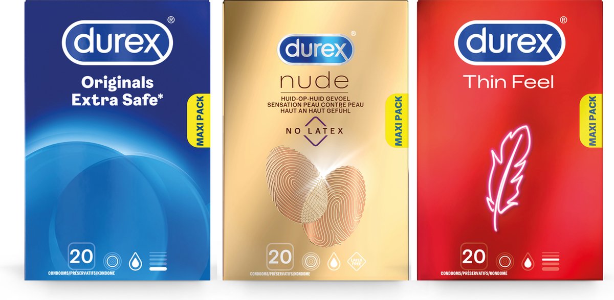 Bol.com Durex - 60 stuks Condooms - Extra Safe 1x20 stuks - Nude No Latex 1x20 stuks - Thin Feel 1x20 stuks - Voordeelverpakking aanbieding