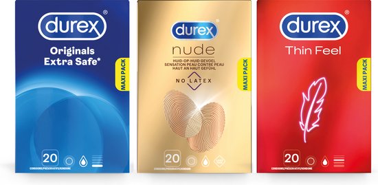 Drie verpakkingen Durex condooms: 'Originals Extra Safe', 'Nude No Latex' en 'Thin Feel'. Maxi Pack met 20 stuks per stuk.