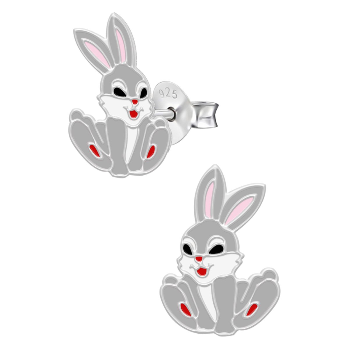 Oorbellen meisje | Zilveren kinderoorbellen | Zilveren oorstekers, grijs konijn