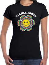 Toppers Jaren 60 Flower Power verkleed shirt zwart met psychedelische emoticon bloem dames - Sixties/jaren 60 kleding XS