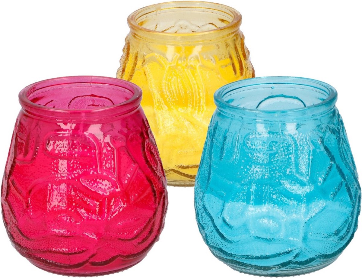 arti casa 6x stuks Citronella Lowboy tafelkaarsen 10 cm blauw-geel-rood glas Multi