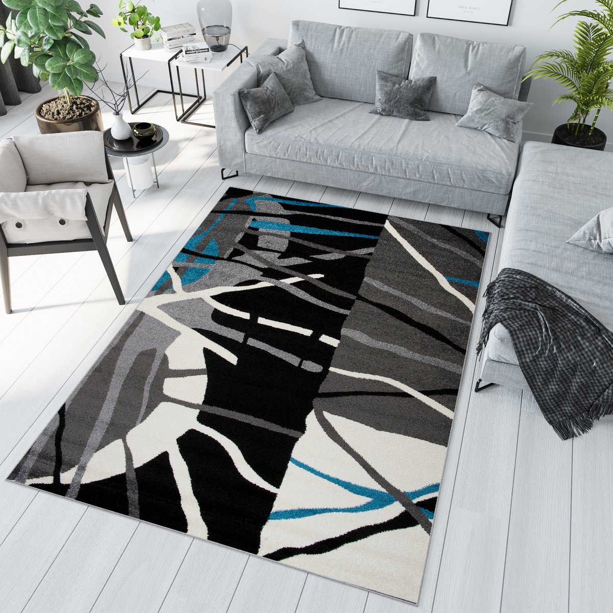 Tapiso Jawa Vloerkleed Grijs Blauw Abstract Woonkamer Tapijt Maat- 160x220