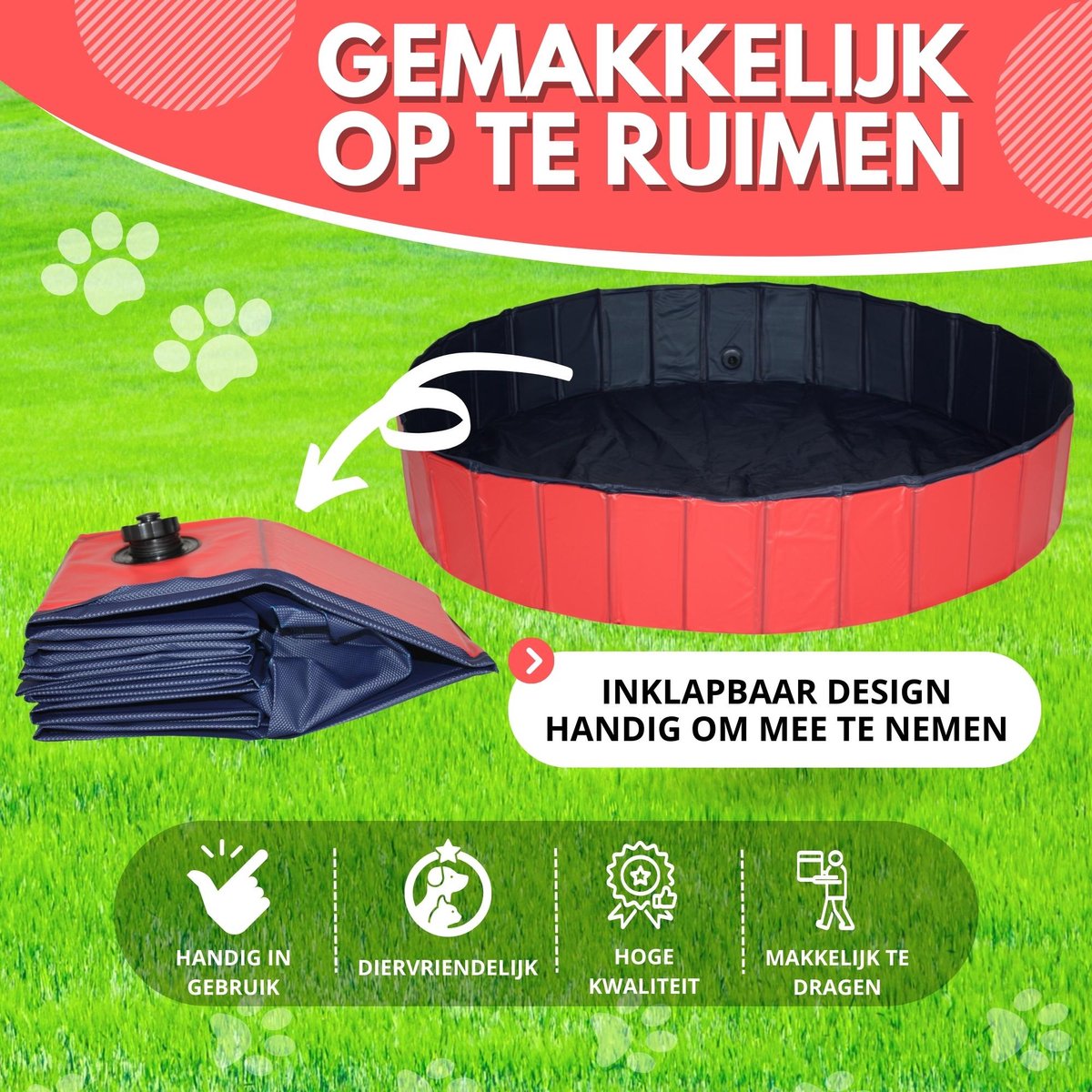 Lendo Online - Hondenzwembad Ø80x20cm - Bad voor honden - Hondenbad - Dierenzwembad - Opzetzwembad - inklapbaar - PVC - Rood / Blauw- Inclusief Hondenborstel Kam thumbnail 3