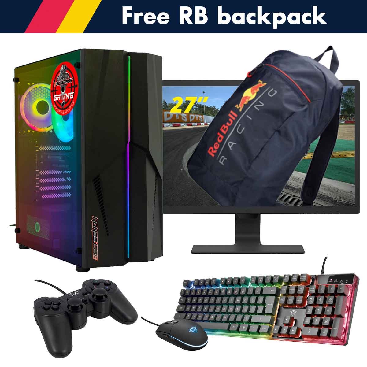 ScreenON - Racing Gaming Set + Red Bull Backpack - F1104027 - (GamePC.F11040 + 27 Inch Monitor + Toetsenbord + Muis + Controller + Gratis Red Bull Backpack)