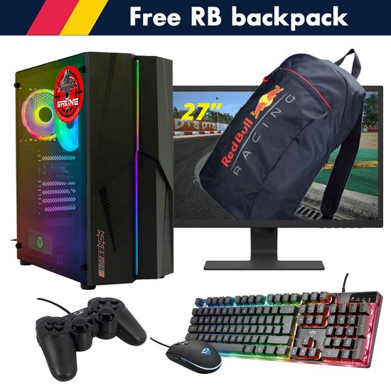 ScreenON - Racing Gaming Set + Red Bull Backpack - F1104027 - (GamePC.F11040 + 27 Inch Monitor + Toetsenbord + Muis + Controller + Gratis Red Bull Backpack)