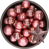 Kerstversiering kunststof kerstballen met piek oud roze 6-8-10 cm pakket van 45x stuks - Kerstboomversiering