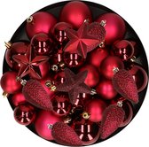 Kerstversiering kunststof kerstballen/hangers donkerrood 6-8-10 cm pakket van 62x stuks - Kerstboomversiering