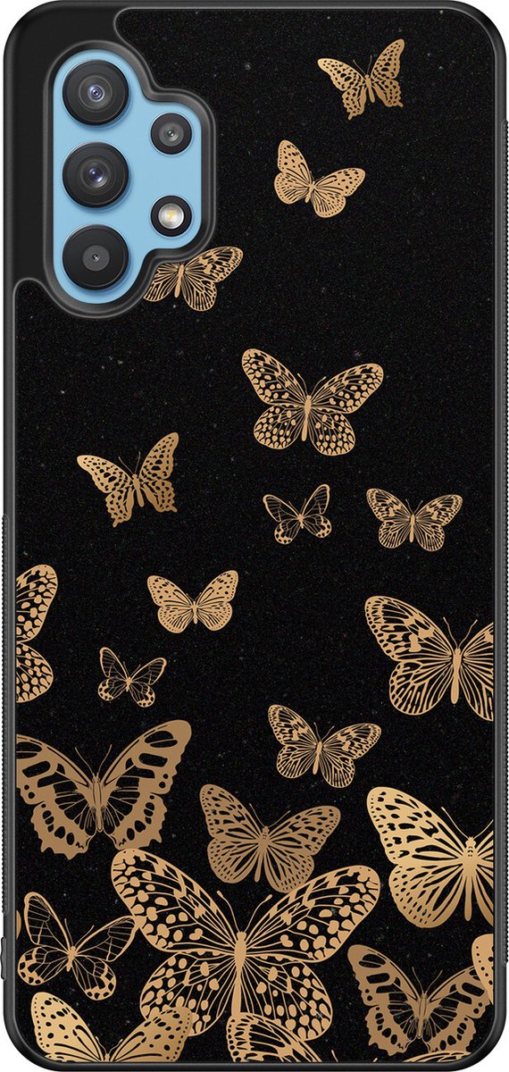 Leuke Telefoonhoesjes - Hoesje geschikt voor Samsung Galaxy A32 5G - Vlinders - Backcover zwart - Print / Illustratie - Zwart, Goud