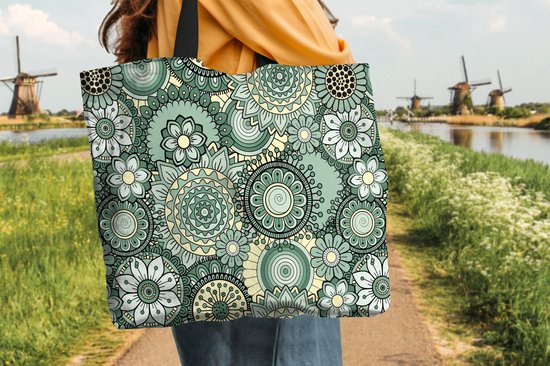 MuchoWow® Sac bandoulière - Sac de plage - Big Shopper - Sac shopping - Fleurs - Vert - Motifs - 50x40 cm - Sac en coton