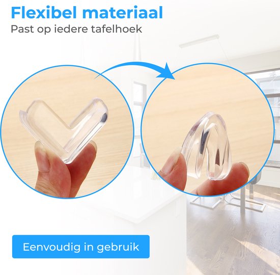 Transparante hoekbeschermer, flexibel materiaal, in handen.