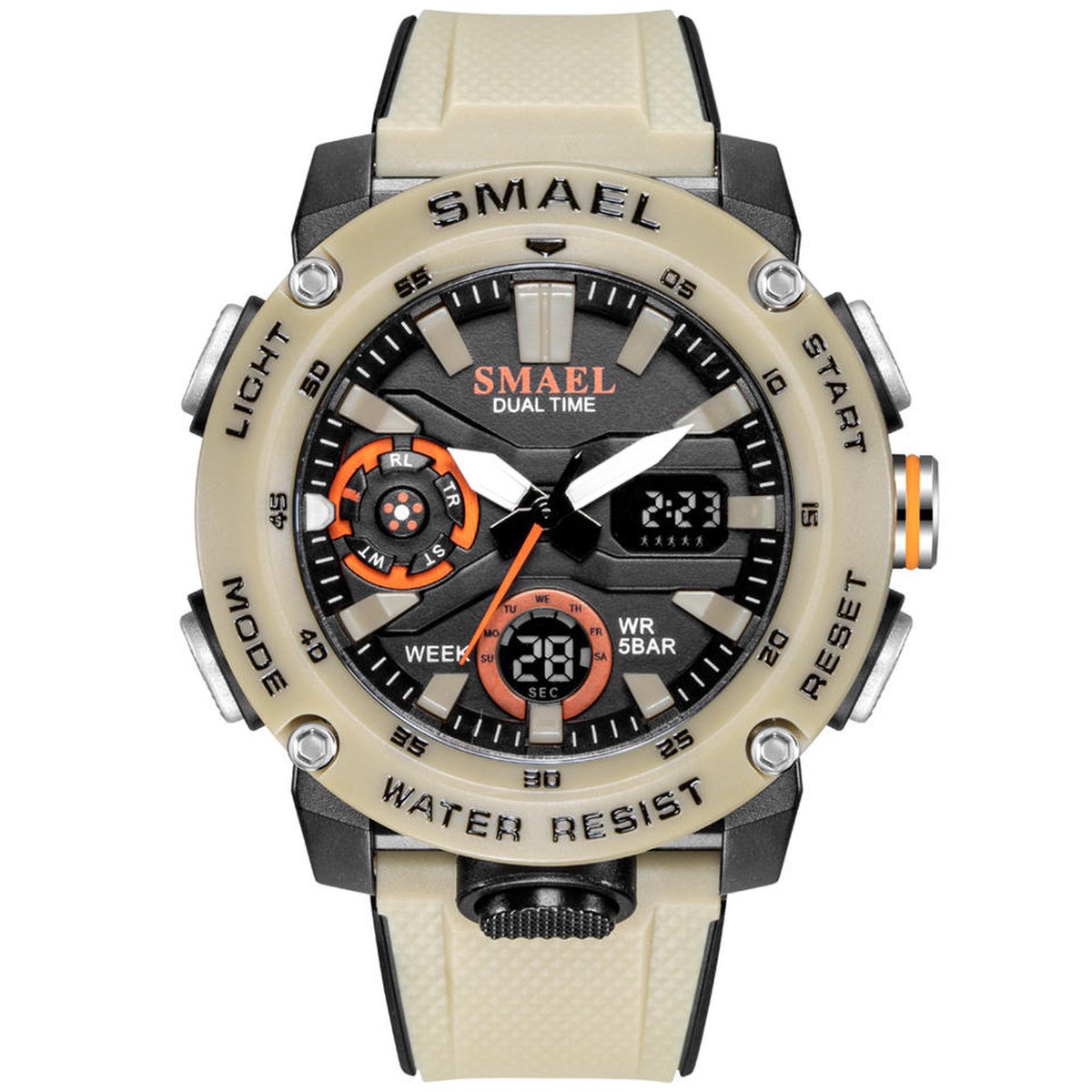 Digitaal Shockbestendig Horloge Zwart Kaki | Smael | Waterdicht 5ATM | Glow in dark | Mud Master | Mudmaster | Shock | Licht | Rubberen band | 1907 | Timer | Eyecatcher | Master | kado | Cadeau