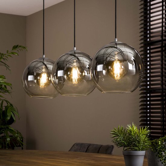 Hanglamp Bubble shaded | 95 cm | 3 lichts | rookglas | eettafel lamp | eetkamer / woonkamer | glazen bollen | landelijk / modern