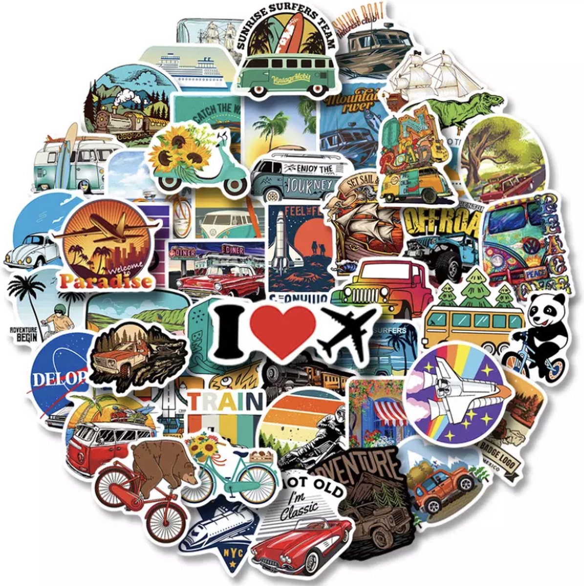 Reis Stickers 50 Stuks | Camper Stickers - Vliegtuig Stickers - Thema Reizen - Luxe Stickers | Laptop Stickers | Stickers Kinderen | Stickers Volwassenen | Stickervellen | Plakstickers | Stickers Koffers | Bullet Journal | - Merkloos