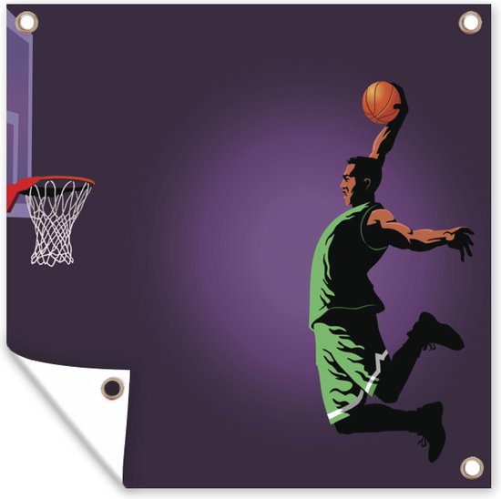 Tuinposters Een illustratie van een basketballer die spectaculaire dunkt - 50x50 cm - Tuindoek - Buitenposter