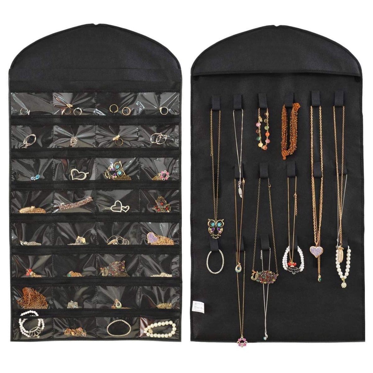 BOTC Dual Sides Sieraden organizer - 32 zakken & 18 haken en lussen - Hangende Juwelenstandaard - Zwart