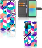 Wallet Book Case Sony Xperia 10 IV GSM Hoesje Gepersonaliseerd Cadeau Blocks Colorful