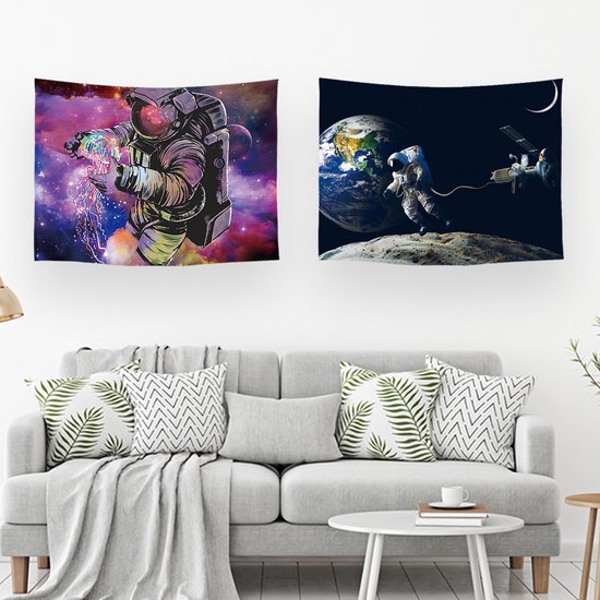Ulticool – Wandkleed - Astronaut boven Aarde Maan Raket - Set van 2 designs - 73 cm x 95 cm – Schilderij Wandtapijt Stof – Poster Art – Blauw
