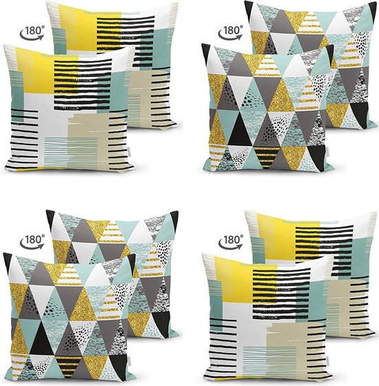 Lot de 4 Coussins décoratifs - Y COMPRIS LES COUSSINS INTÉRIEURS 45x45 cm - losanges - jaune - noir - vert - blanc - imprimé recto-verso - taie d'oreiller - oreillers salon - housse de coussin