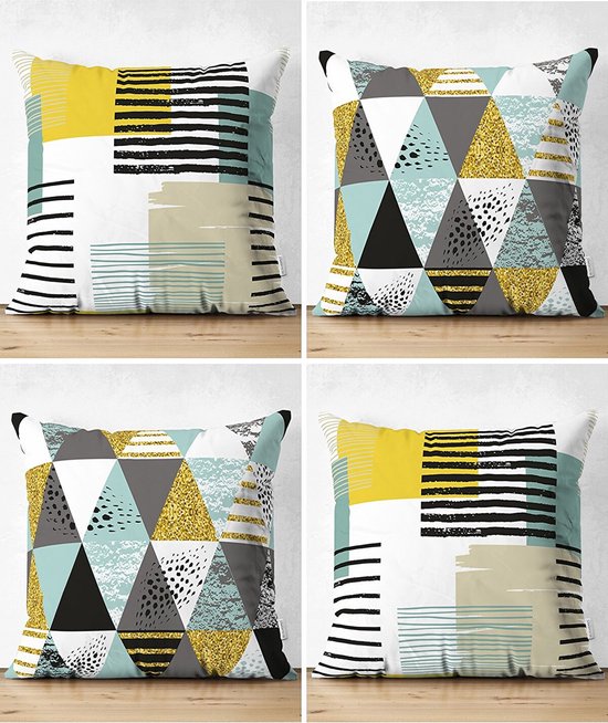 Lot de 4 Coussins décoratifs - Y COMPRIS LES COUSSINS INTÉRIEURS 45x45 cm - losanges - jaune - noir - vert - blanc - imprimé recto-verso - taie d'oreiller - oreillers salon - housse de coussin