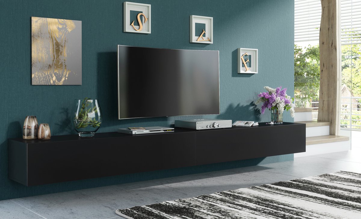 Pro-meubels - Hangend Tv meubel - Tv kast - Tunis - Mat zwart - 300cm 2x150cm - Pro-meubels