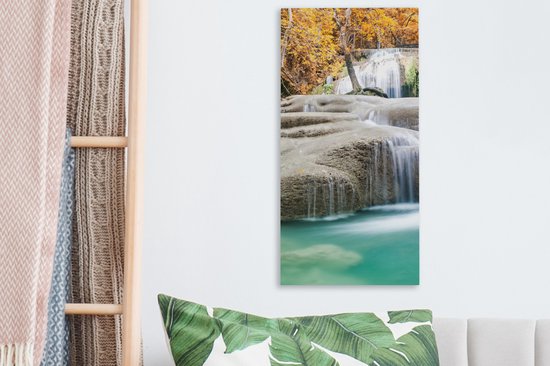 Canvas Schilderij Bos - Waterval - Water - Herfst - 20x40 cm - Wanddecoratie