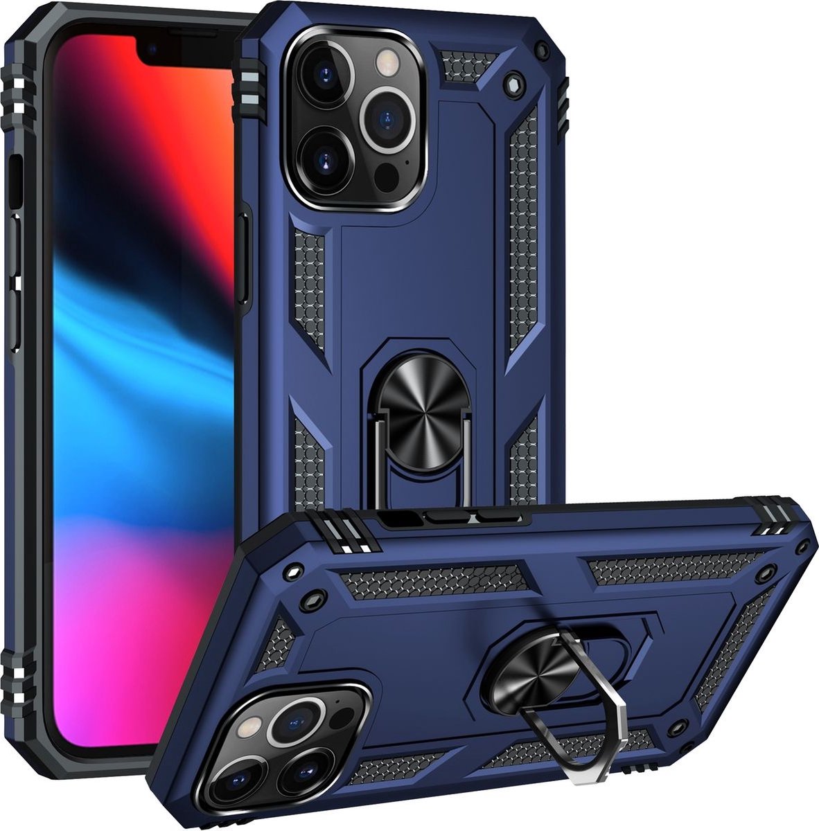 Mobigear Armor Ring Telefoonhoesje geschikt voor Apple iPhone 14 Pro Max Shockproof Hardcase Hoesje + Ringhouder - Blauw