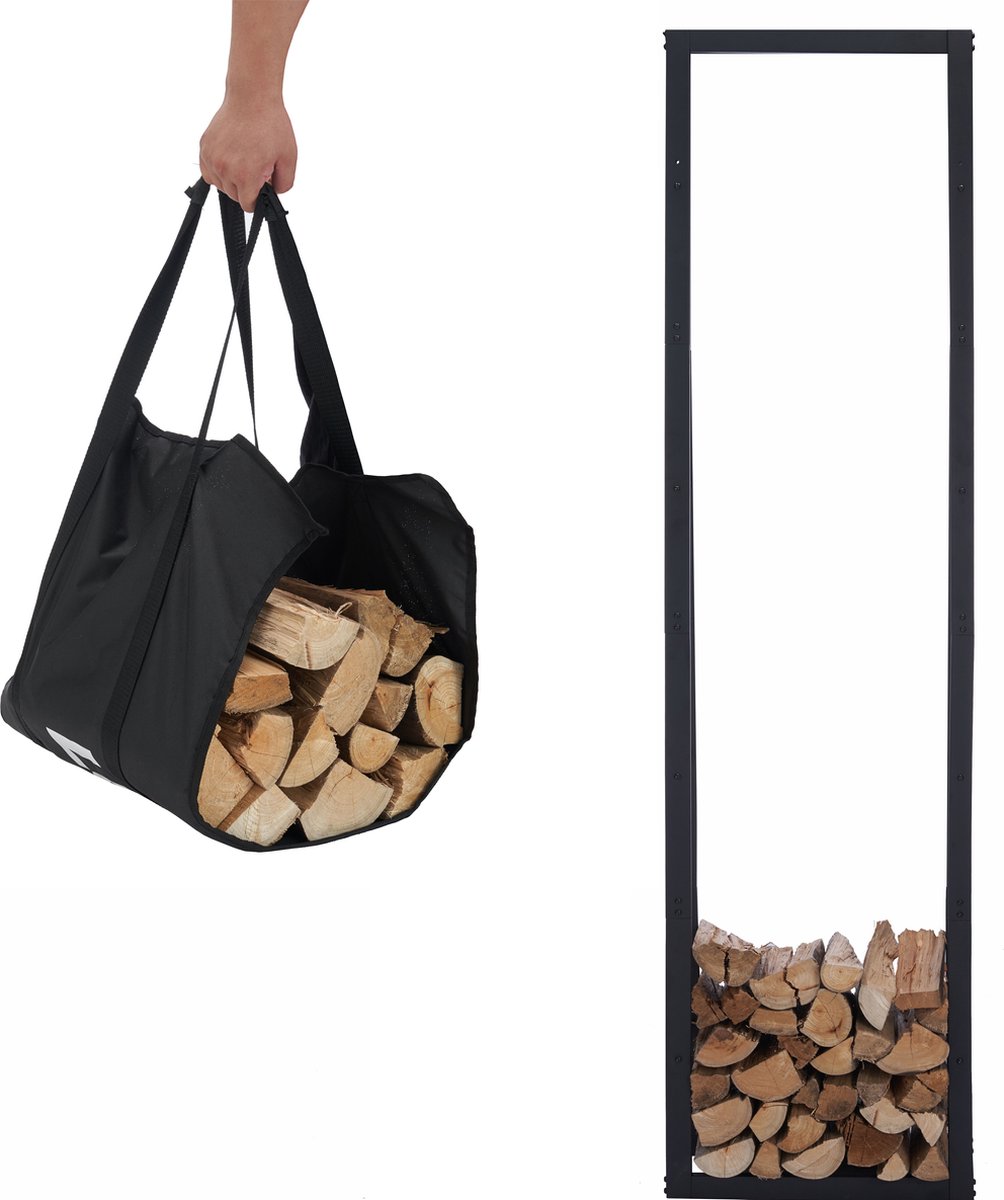 Lendo Online brandhoutrek 50x25x196cm + draagtas– Binnen en buiten haardhout opslag – haardhoutrek – houtopslag – metaal