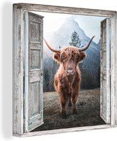 Canvas Schilderij Schotse hooglander - Koe - Landelijk - Doorkijk - 50x50 cm - Wanddecoratie