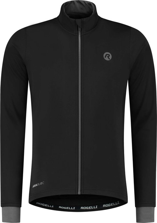 Zwarte Rogelli heren fietsjack met rits, grijze manchetten en logo op borst.