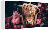 Canvas schilderij 160x80 cm - Wanddecoratie Koe - Schotse hooglander - Bloemen - botanisch - Muurdecoratie woonkamer - Slaapkamer decoratie - Kamer accessoires - Schilderijen