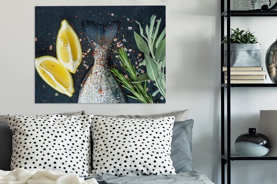 Tableau sur toile Poisson - Citroen - Herbes - 80x60 cm - Décoration murale
