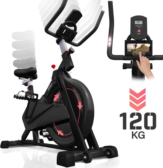 GoodVibes - Spinning Fiets met Verstelbaar Zadel en Stuur - 8 kg Vliegwiel - Display met Hartslagmeter - Mobiele Telefoon Houder - Spinning Bike - Home Bicycle - Hometrainer - Fitness - Cardio