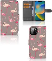 Hoesje met naam Geschikt voor iPhone 14 Wallet Book Case Flamingo