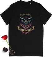 T shirt met uil en quote - Music is my life - Dames en heren tshirt met print - Unisex maten: S t/m 3XL - Kleuren: zwart, blauw en bordeaux rood.