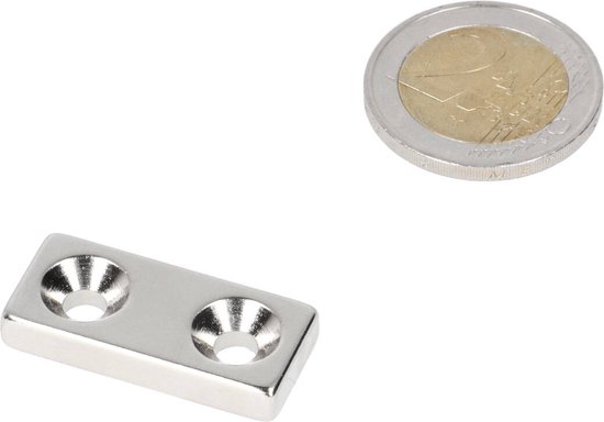 Bloc magnétique 30 x 13,5 x 5 mm, N48 avec 2x trou fraisé 4,5 mm (pôle nord)