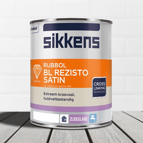 Sikkens Rubbol BL Rezisto Satin blik. Oranje, crème en paarse banden met tekst 'RUBBOL BL REZISTO SATIN' en 'Extreem krasvast, huidvetbestendig'.