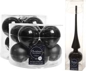 Paquet de boules de Noël en verre complet noir brillant/mat 32x pièces avec pic brillant - 20x 6 cm - 12x 8 cm