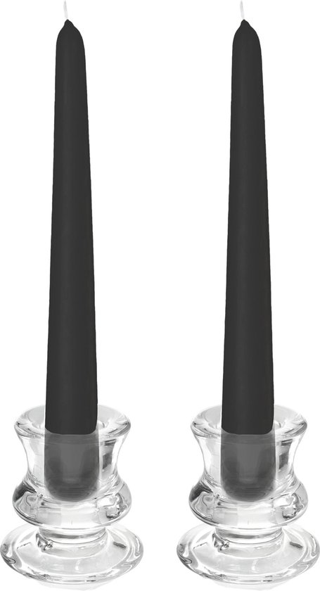 Kaarsen set - 2x kandelaars - glas - 12x dinerkaarsen - zwart