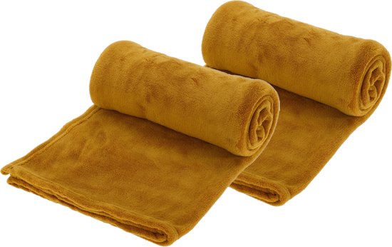Fleece dekens/plaids - 2x - oker geel - 130 x 150 cm