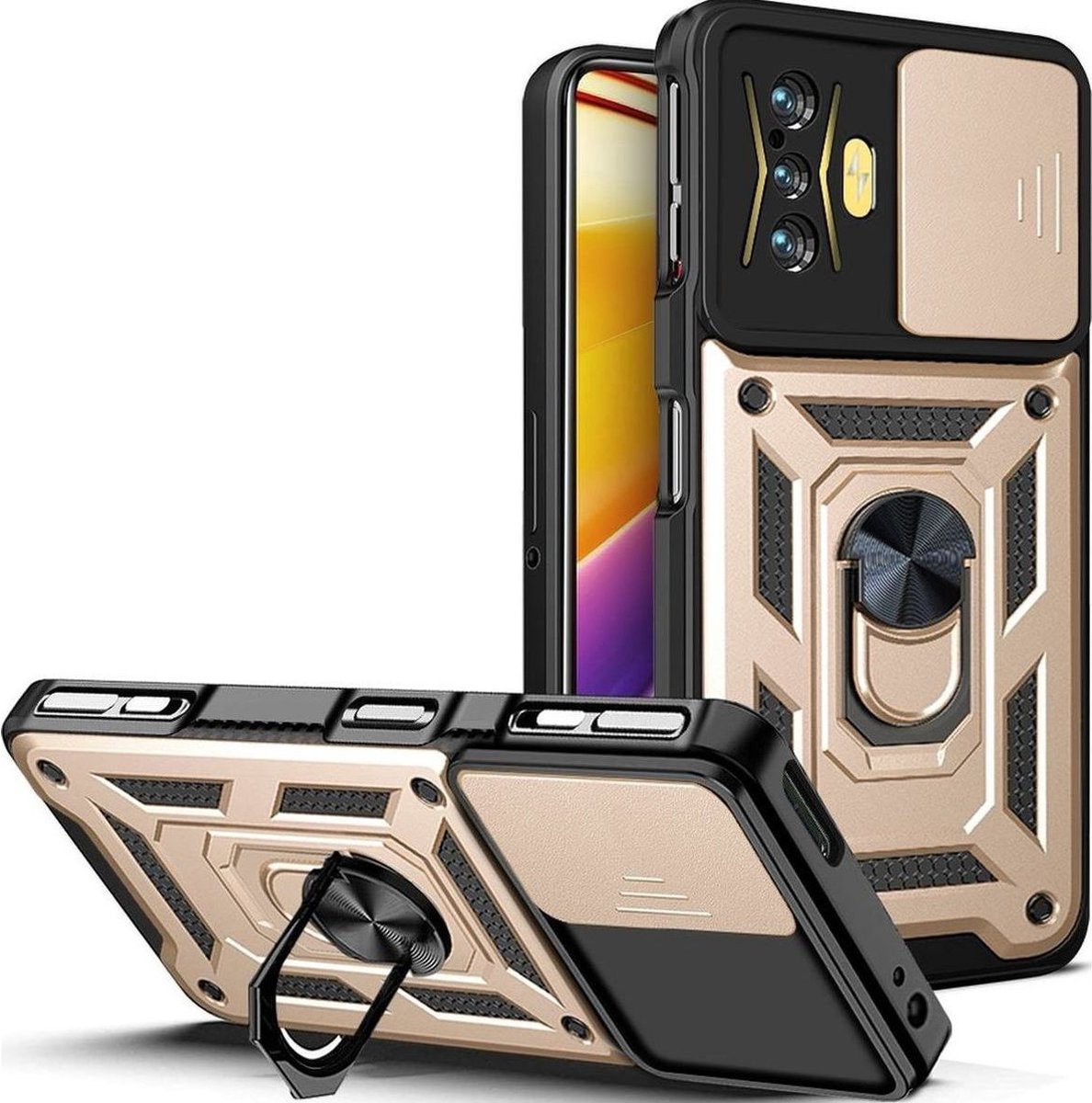 Mobigear Hoesje geschikt voor POCO F4 GT Telefoonhoesje Hardcase | Mobigear Armor Ring Cam Slide Backcover Shockproof met Ringhouder en Camera Slider | Schokbestendig F4 GT Telefoonhoesje | Anti Shock Proof - Goud