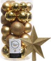 Decoris kerstballen 30x stuks - goud 4/5/6 cm kunststof mat/glans/glitter mix en kunststof piek 19 cm