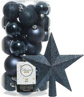 Decoris kerstballen 30x stuks - donkerblauw 4/5/6 cm kunststof mat/glans/glitter mix en kunststof piek 19 cm