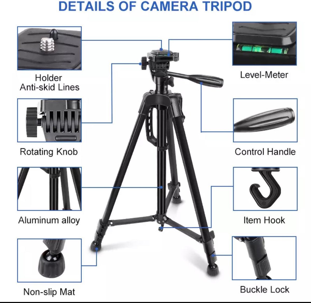 Smartphone Tripod Camera Statief  voor Fotocamera en Smartphone - iPhone - Canon – Nikon - Spiegelreflexcamera + Bluetooth Remote Shutter en Waterpas - HiCHiCO