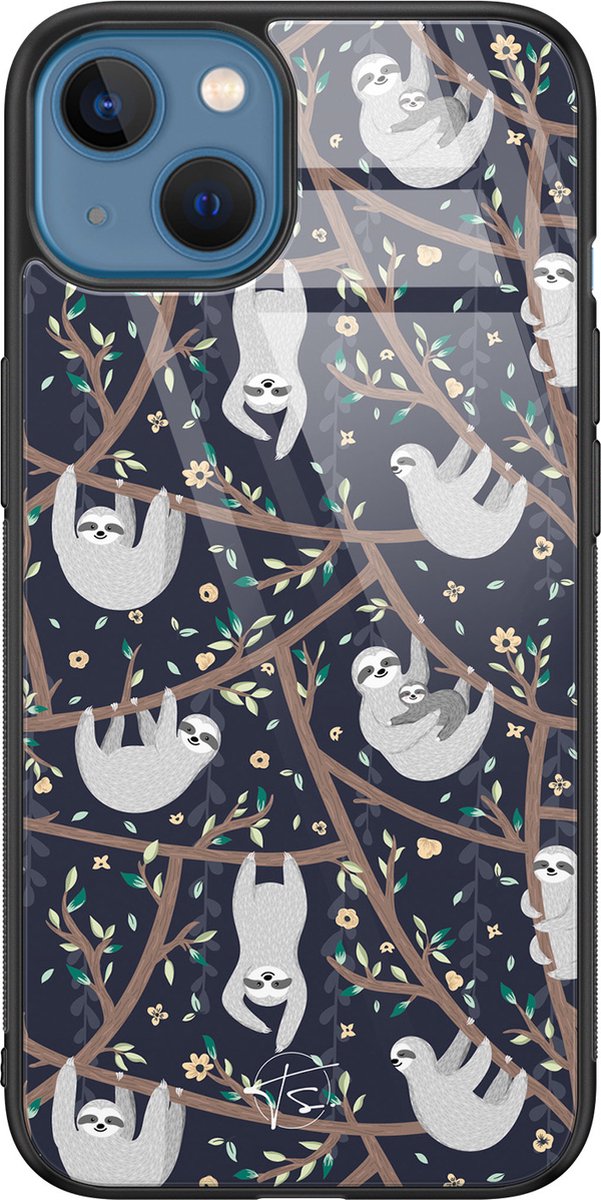 Hoesje geschikt voor iPhone 13 - Luiaard - Luxe Hard Case - Print - Zwart - Mooie Telefoonhoesjes