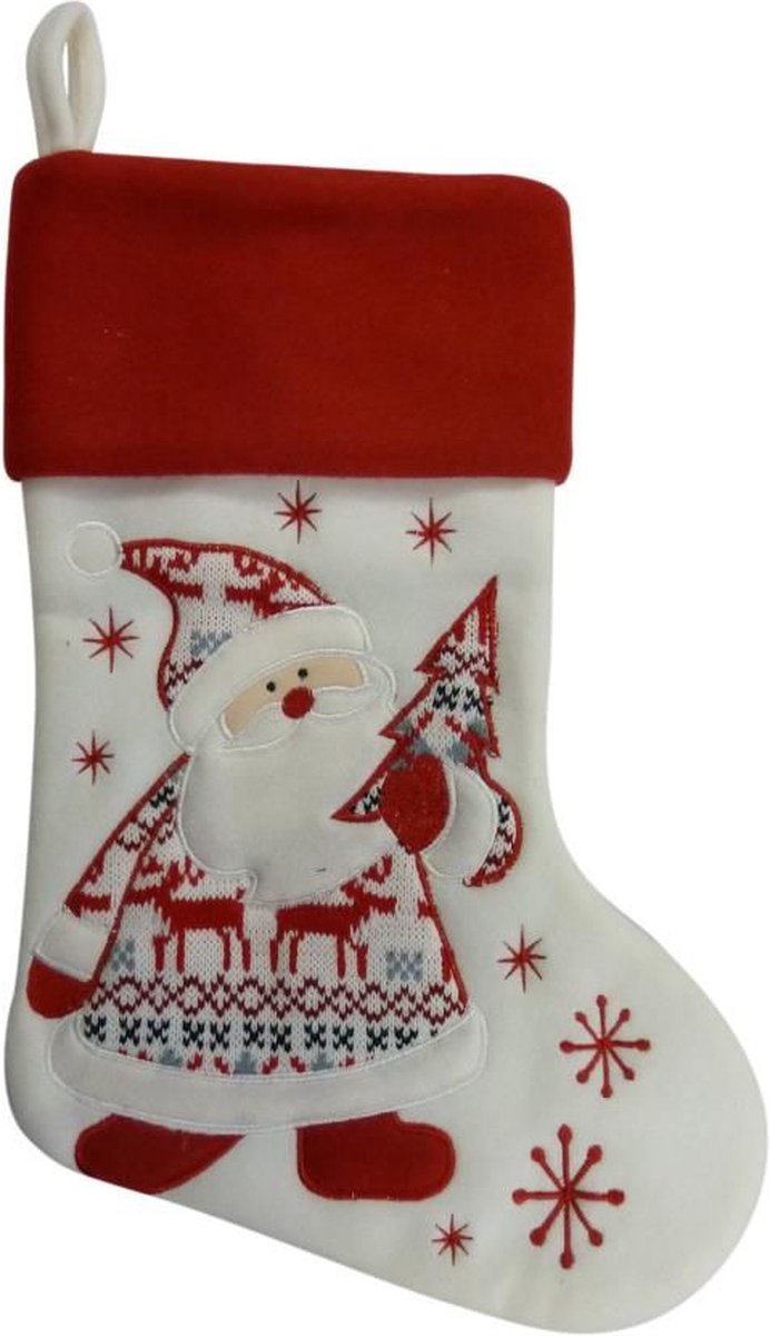 Kerstsok wit/rood pluche 45 cm - Kerstversiering/kerstdecoratie kerstsokken