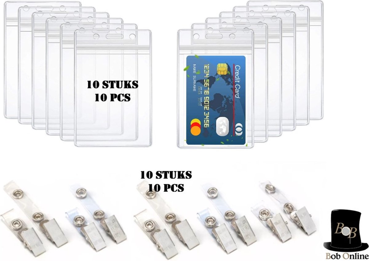 Bob Online ™ - Setje - 10 Stuks – PVC - Verticaal ID Badgehouders + 10 Stuks Alligator Bretel Bandjes – Waterdichte PVC Badgehouders – ID-Kaarthouders – Transparant ID-Badgehouder – Vertical ID Badge Holder x 10 + Crocodile Suspender Clips x 10