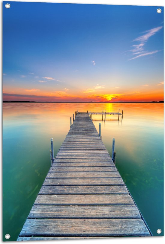 WallClassics - Tuinposter – Steiger in het Water naar Zonsondergang - 70x105 cm Foto op Tuinposter  (wanddecoratie voor buiten en binnen)