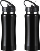 Set van 2x stuks drinkfles/waterfles 600 ml metallic zwart van RVS - Sport bidon waterflessen